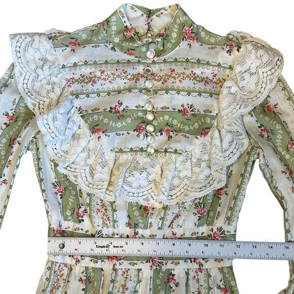 Vintage 1970s Vicki Vaughn Promenade XS Green Floral Prairie Ruffle Maxi Dress - Picture 15 of 16